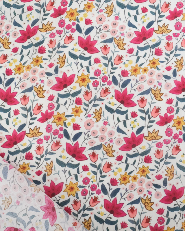 Voile de Coton Mila Suzie Rose Fond Ecru
