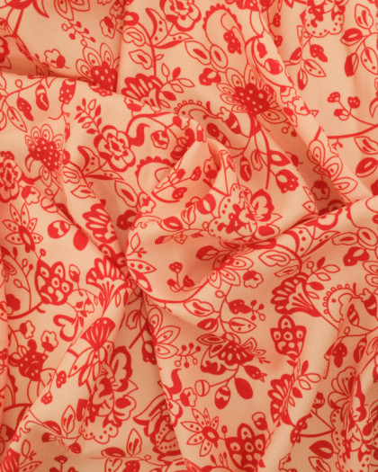 Tissu Viscose Twill Indienne Rouge Cerise Fond Beige - Mercerine
