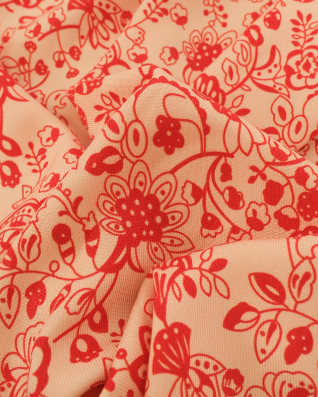Tissu Viscose Twill Indienne Rouge Cerise Fond Beige - Mercerine