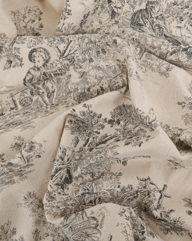 Tissu  Coton Epais Tissé Motif Toile de Jouy Fusain - Mercerine