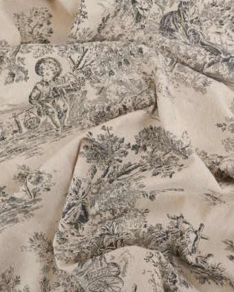 Tissu  Coton Epais Tissé Motif Toile de Jouy Fusain - Mercerine