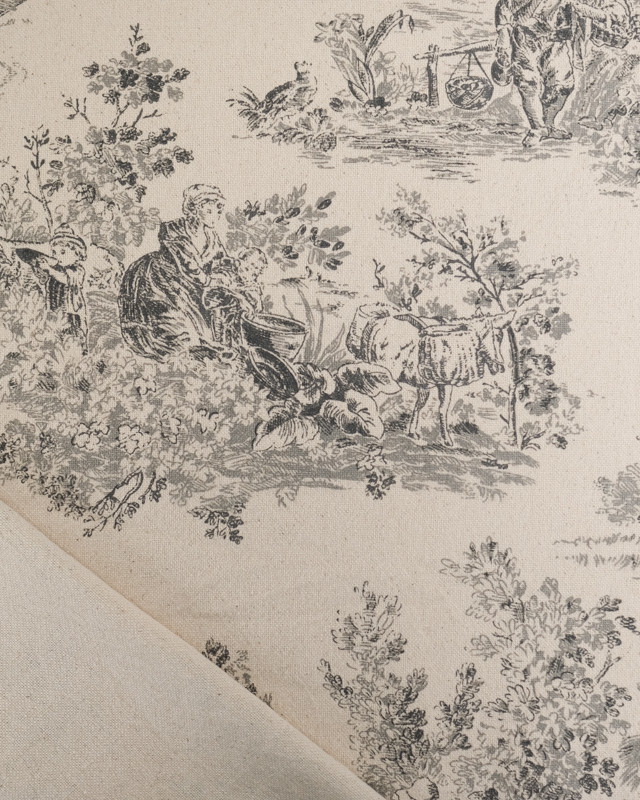Tissu  Coton Epais Tissé Motif Toile de Jouy Fusain - Mercerine