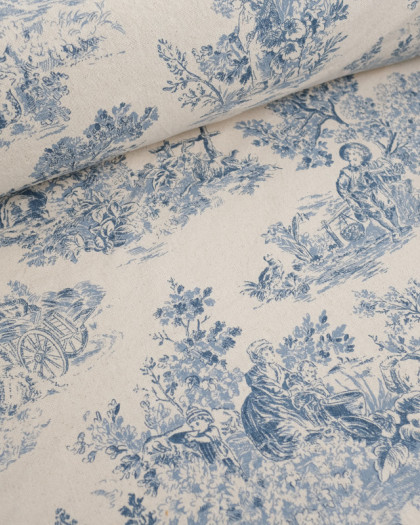 Tissu Coton Epais Tissé Motif Toile de Jouy Bleu - Mercerine