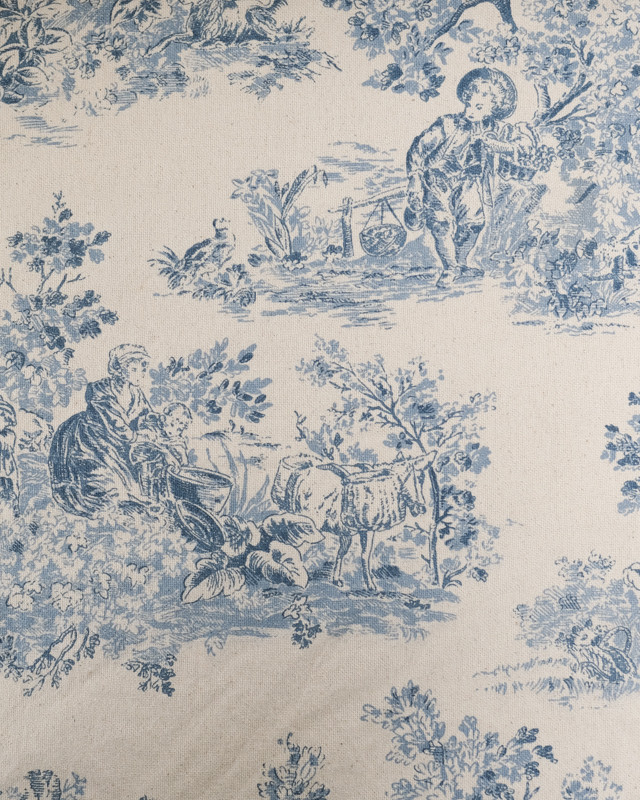 Tissu Coton Epais Tissé Motif Toile de Jouy Bleu - Mercerine
