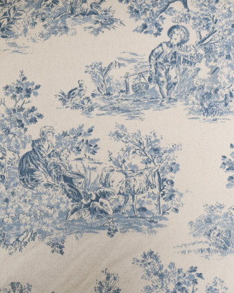Tissu Coton Epais Tissé Motif Toile de Jouy Bleu - Mercerine