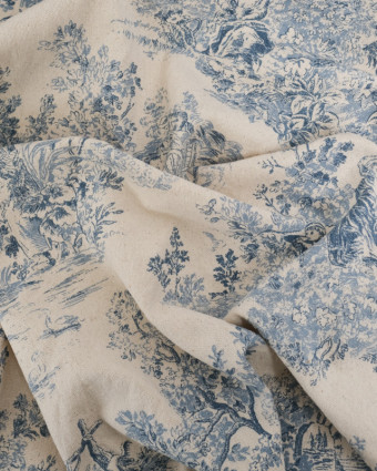Tissu Coton Epais Tissé Motif Toile de Jouy Bleu - Mercerine