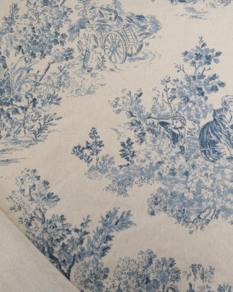 Tissu Coton Epais Tissé Motif Toile de Jouy Bleu - Mercerine