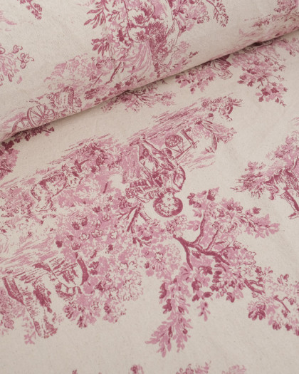 Tissu  Coton Epais Tissé Motif Toile de Jouy Framboise - Mercerine