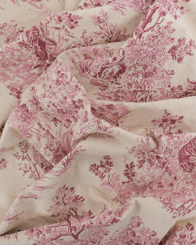 Tissu  Coton Epais Tissé Motif Toile de Jouy Framboise - Mercerine