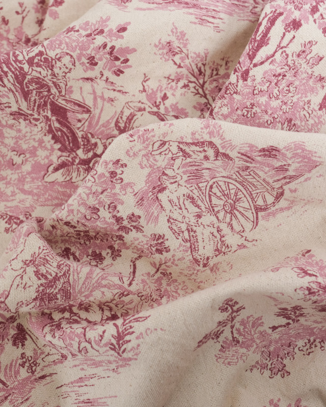 Tissu  Coton Epais Tissé Motif Toile de Jouy Framboise - Mercerine