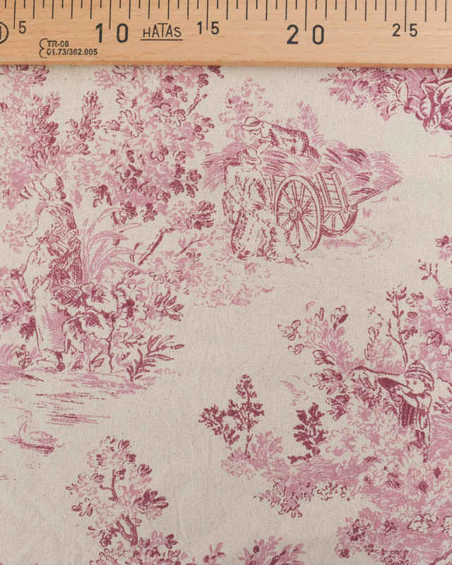 Tissu  Coton Epais Tissé Motif Toile de Jouy Framboise - Mercerine