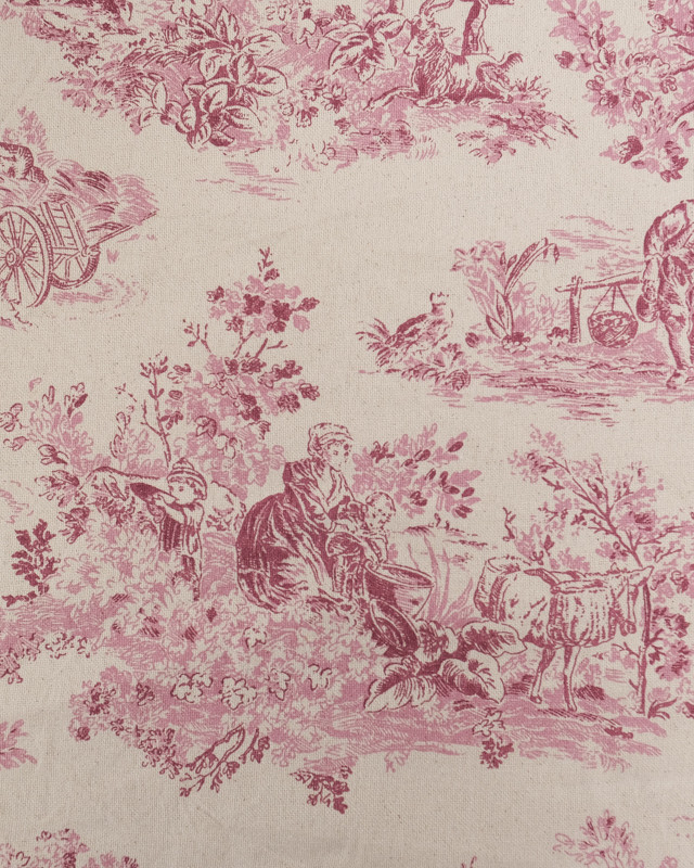 Tissu  Coton Epais Tissé Motif Toile de Jouy Framboise - Mercerine