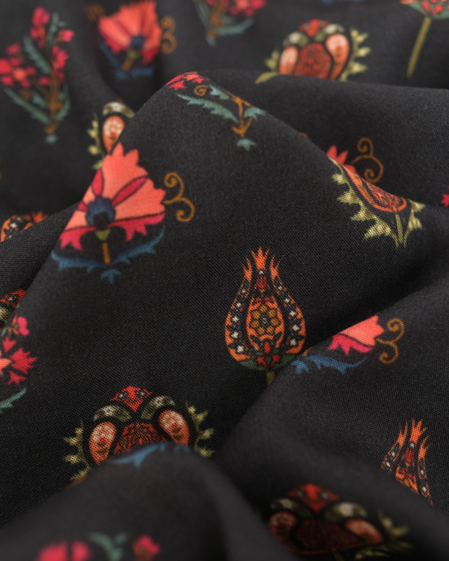 Viscose Fleurs Indiennes Noire - Mercerine