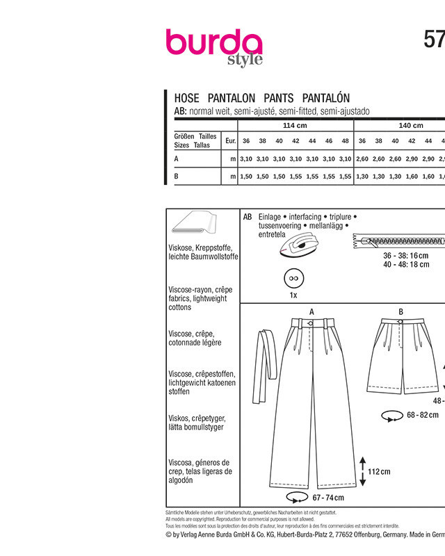 Patron Pantalon  Burda 5718 | Patrons de couture | Mercerine