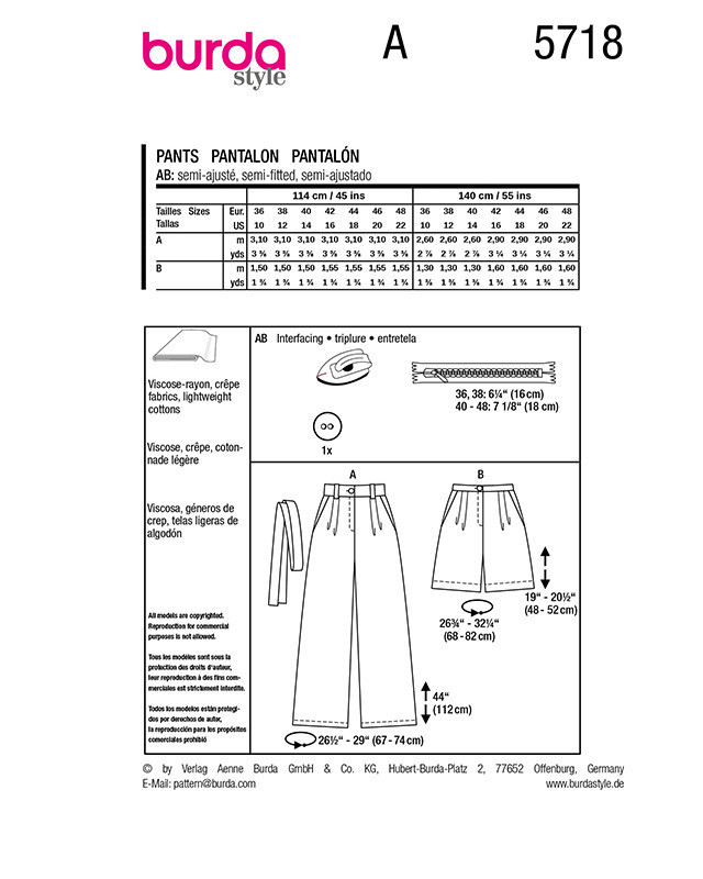 Patron Pantalon  Burda 5718 | Patrons de couture | Mercerine