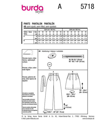 Patron Pantalon  Burda 5718 | Patrons de couture | Mercerine