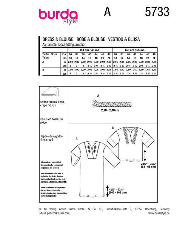 Patron Robe & Blouse Burda 5733 | Patrons de couture | Mercerine