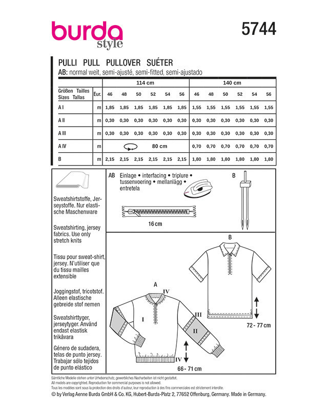 Patron Pullover Burda 5744 | Patrons de couture | Mercerine