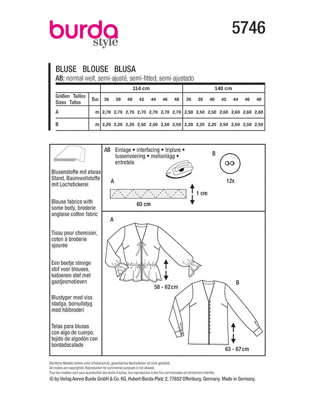 Patron Blouse Burda 5746 | Patrons de couture | Mercerine