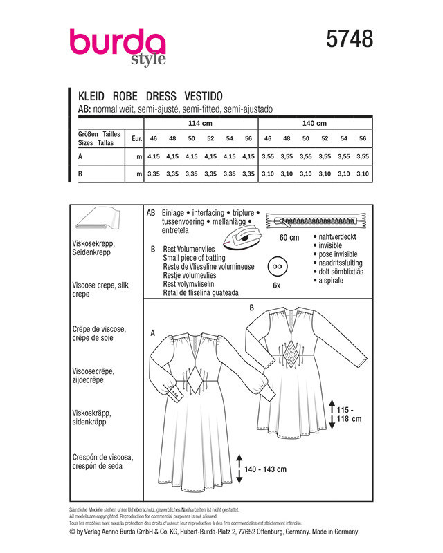 Patron Robe Burda 5748 | Patrons de couture | Mercerine