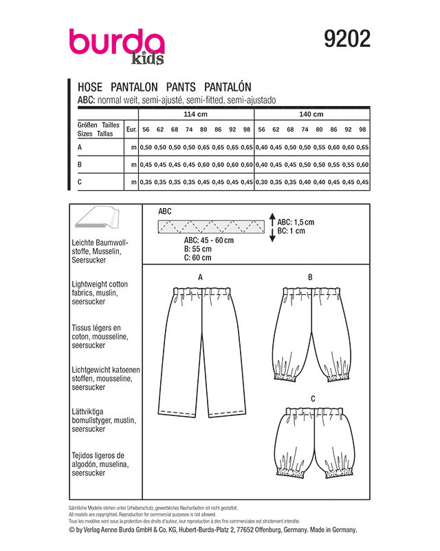 Patron Pantalon Burda 9202 | Patrons de couture | Mercerine