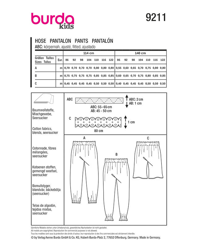 Patron Pantalon Burda 9211 | Patrons de couture | Mercerine