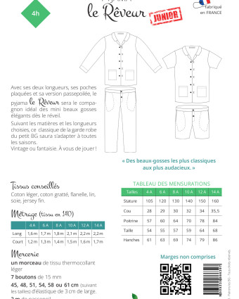 Patron de couture Pyjama Le Rêveur Junior - Les Beaux Gosses - Mercerine