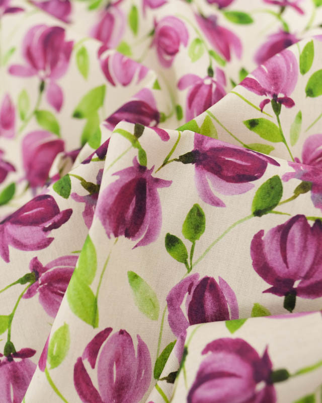 Popeline de Coton Imprimé Digital Tulipes Violettes - Mercerine