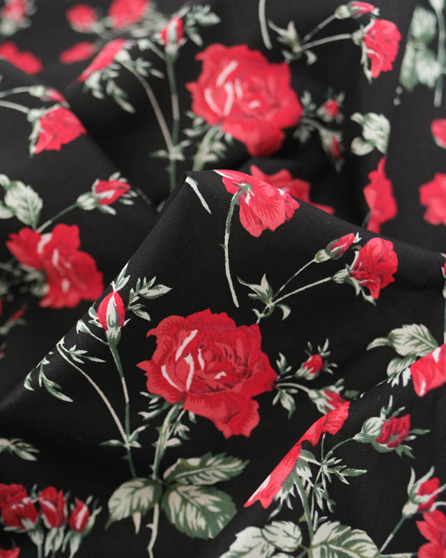 Popeline de Coton Rose Fond Noir - Mercerine