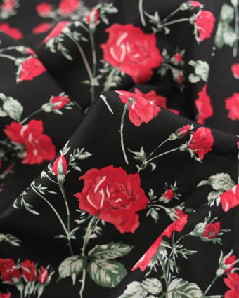 Popeline de Coton Rose Fond Noir - Mercerine