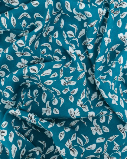 Viscose Bleu Paon Motif Petites Feuilles - Mercerine