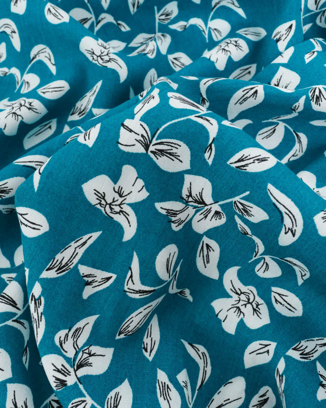 Viscose Bleu Paon Motif Petites Feuilles - Mercerine