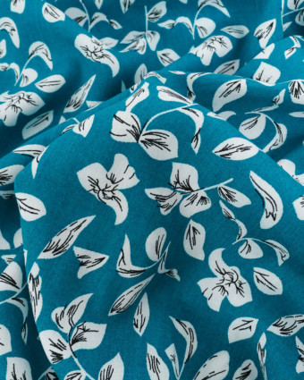 Viscose Bleu Paon Motif Petites Feuilles - Mercerine