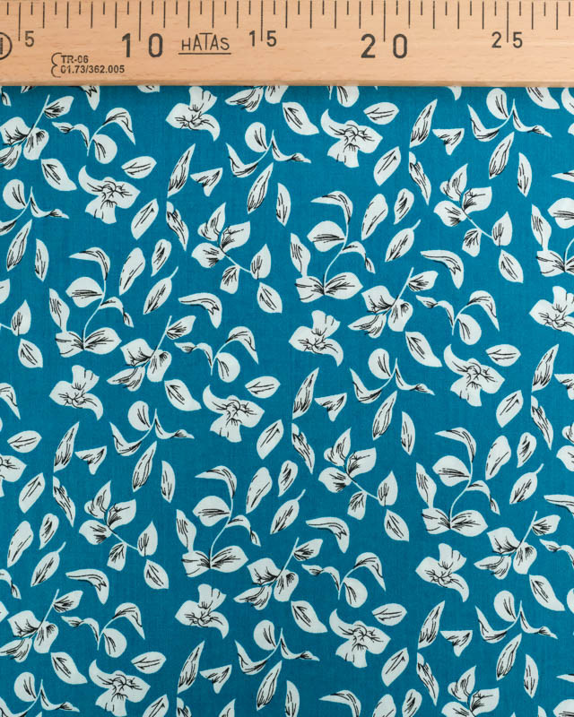 Viscose Bleu Paon Motif Petites Feuilles - Mercerine