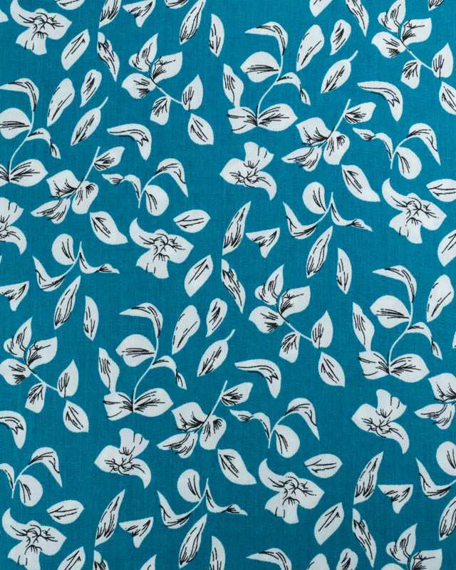 Viscose Bleu Paon Motif Petites Feuilles - Mercerine
