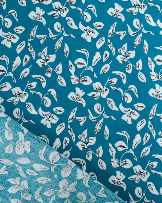 Viscose Bleu Paon Motif Petites Feuilles - Mercerine