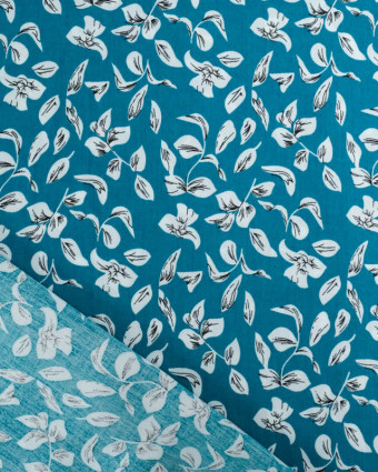 Viscose Bleu Paon Motif Petites Feuilles - Mercerine
