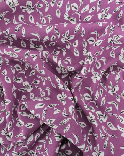 Viscose Mauve Motif Petites Feuilles - Mercerine