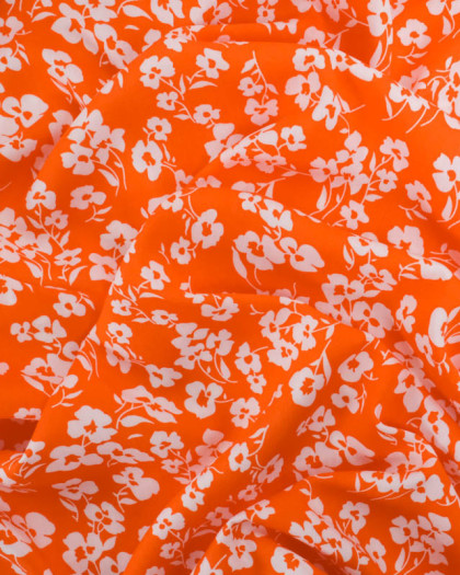 Viscose Mandarine Petites Fleurs Blanches - Mercerine