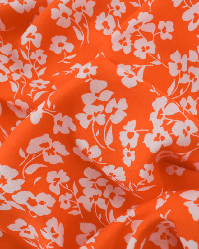 Viscose Mandarine Petites Fleurs Blanches - Mercerine