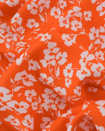 Viscose Mandarine Petites Fleurs Blanches - Mercerine