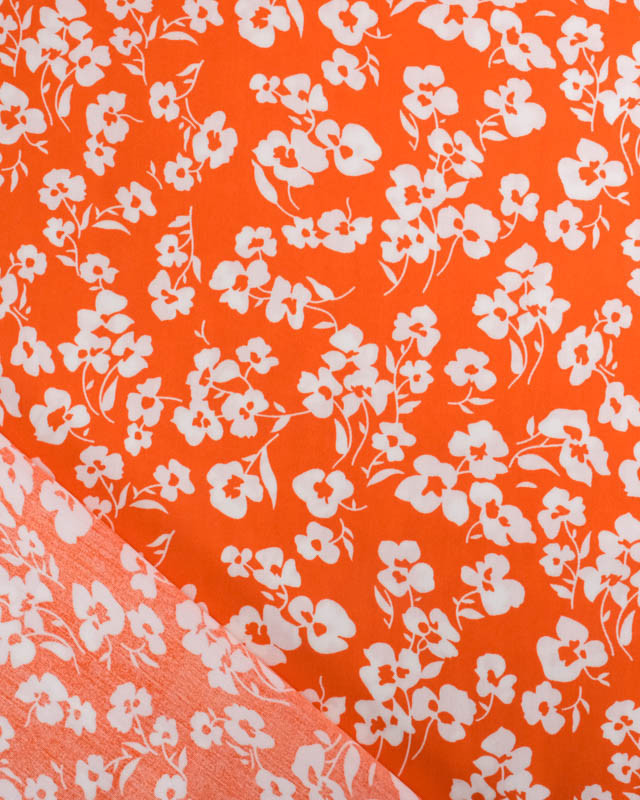 Viscose Mandarine Petites Fleurs Blanches - Mercerine