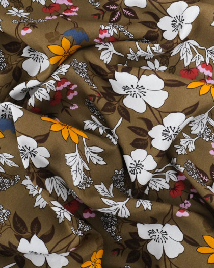 Viscose Kaki Motif Fleuri Tropical - Mercerine