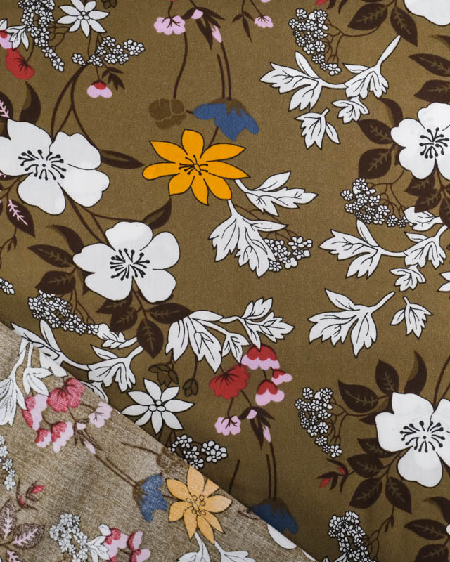 Viscose Kaki Motif Fleuri Tropical - Mercerine