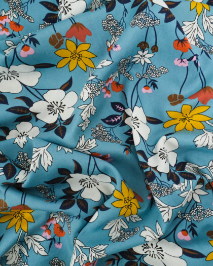 Viscose Bleu Teal Motif Fleuri Tropical - Mercerine