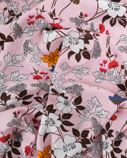 Viscose Rose Clair Motif Fleuri Tropical - Mercerine