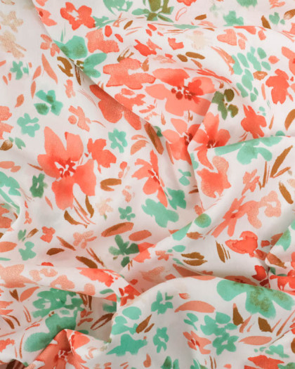 Viscose Ecrue Motif Floral Corail et Vert - Mercerine