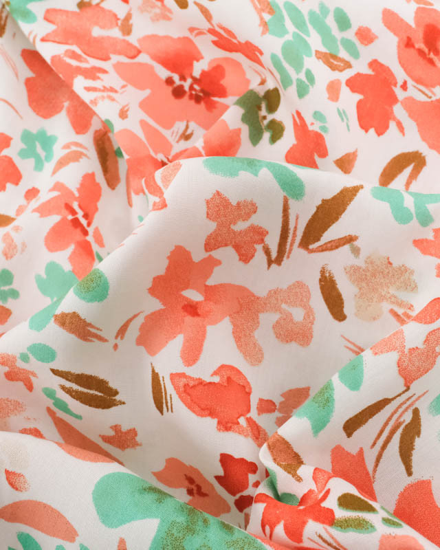 Viscose Ecrue Motif Floral Corail et Vert - Mercerine