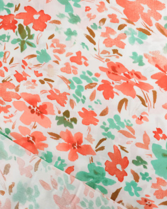 Viscose Ecrue Motif Floral Corail et Vert - Mercerine
