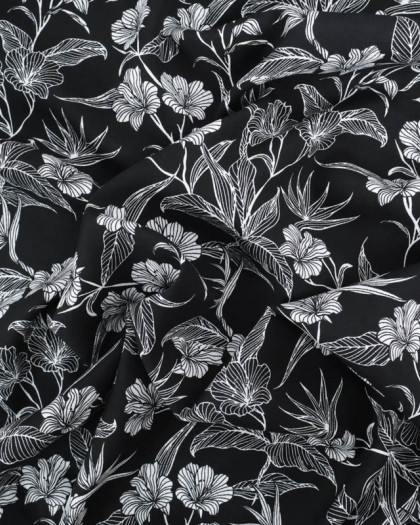 Viscose Noire Motif Floral Tropical - Mercerine